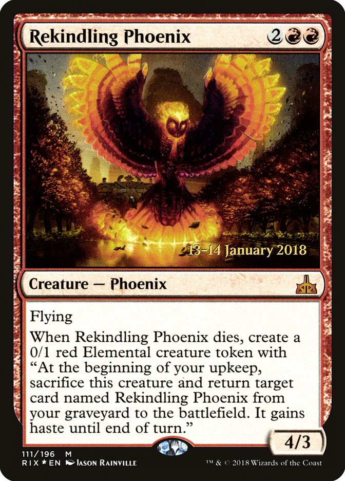 Rekindling Phoenix (Prerelease) [Rivals of Ixalan Prerelease Promos] (PRIX 111S)