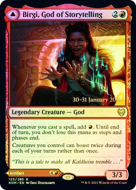Birgi, God of Storytelling // Harnfel, Horn of Bounty  [Kaldheim Prerelease Promos] (PKHM 123)