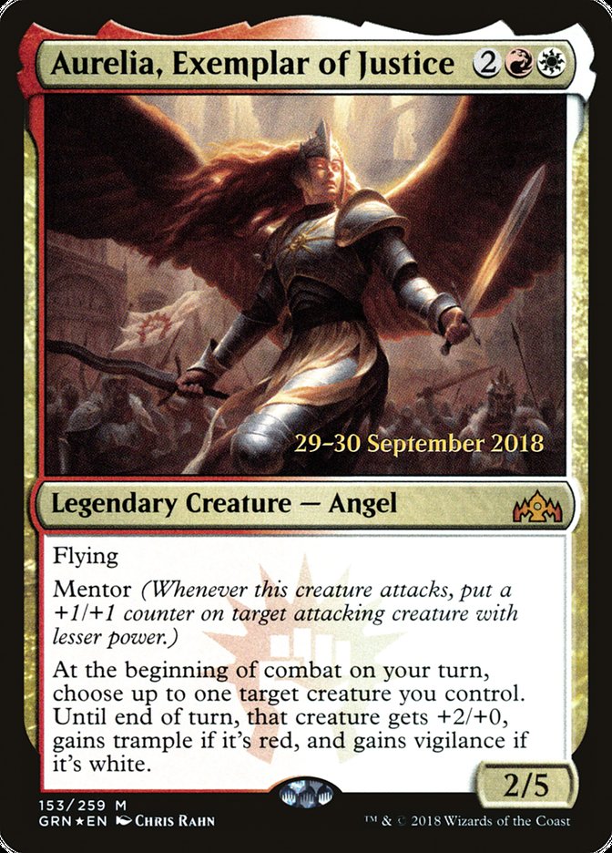 Aurelia, Exemplar of Justice  (Prerelease) [Guilds of Ravnica Prerelease Promos] (PGRN 153P)
